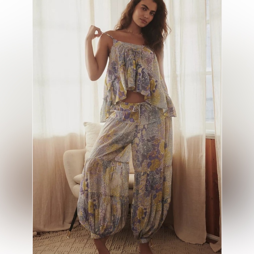 Anthropologie Floral Lavender Yellow Ruffled Camisole